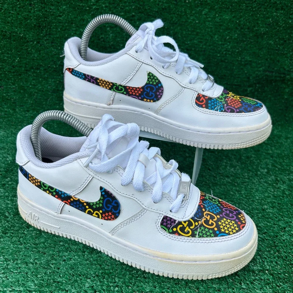 Nike Air Force 1 Low Custom Rainbow GG Monogram White Sneakers‎ 314192-117 5Y